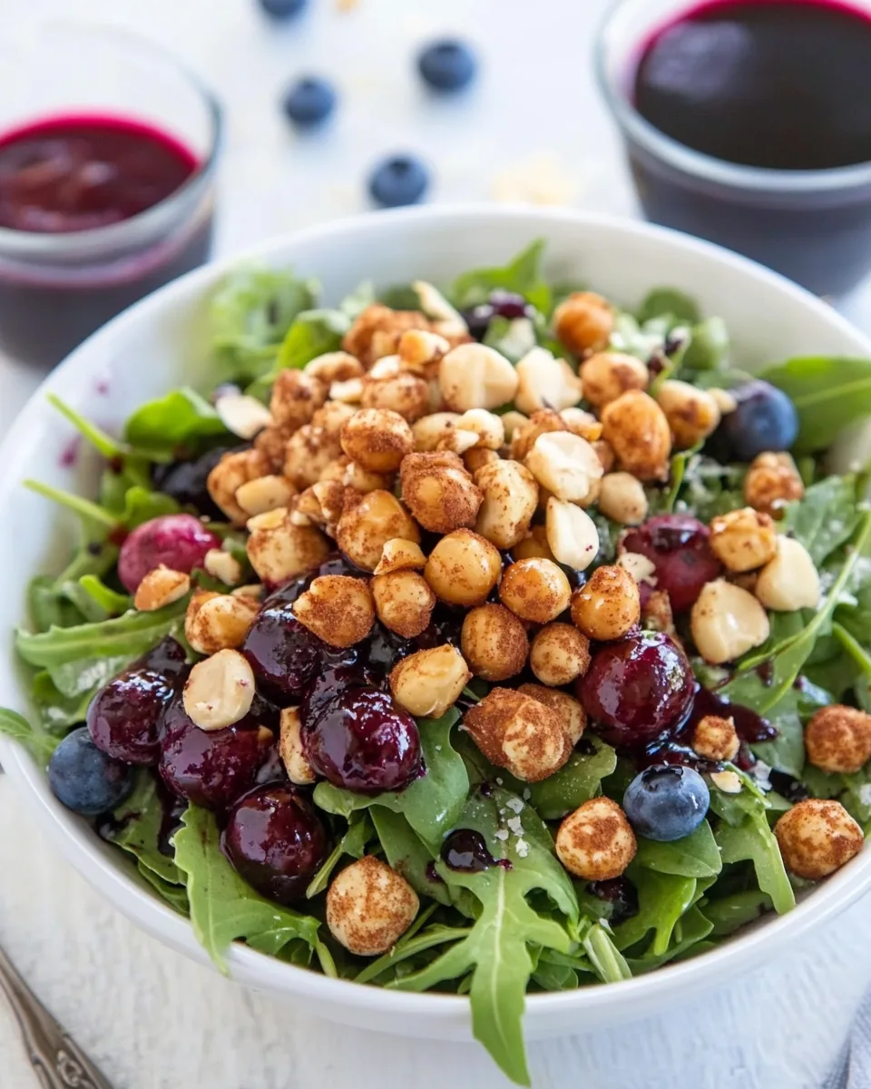 Arugula Salad with Blueberry Vinaigrette and Honey Spiced Macadamia Nuts